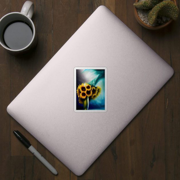 STUNNING CENTREPIECE SUNFLOWERS IN A VASE TEAL BACKGROUND by sailorsam1805